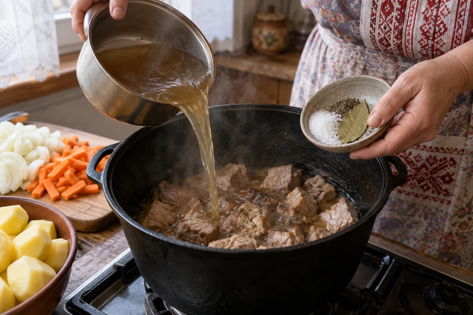 Шаг 4: Верните мясо в казан, влейте горячий бульон, добавьте 8 г соли, перец и лавровый лист.