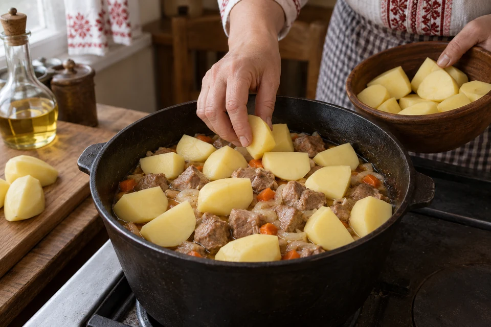 Шаг 6: Очистите картофель, нарежьте крупными кусками и разложите поверх мяса, не погружая полностью в жидкость.