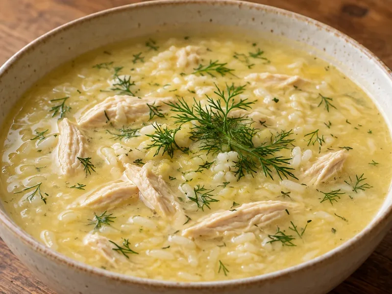 Греческий суп авголемоно с курицей, рисом и укропом