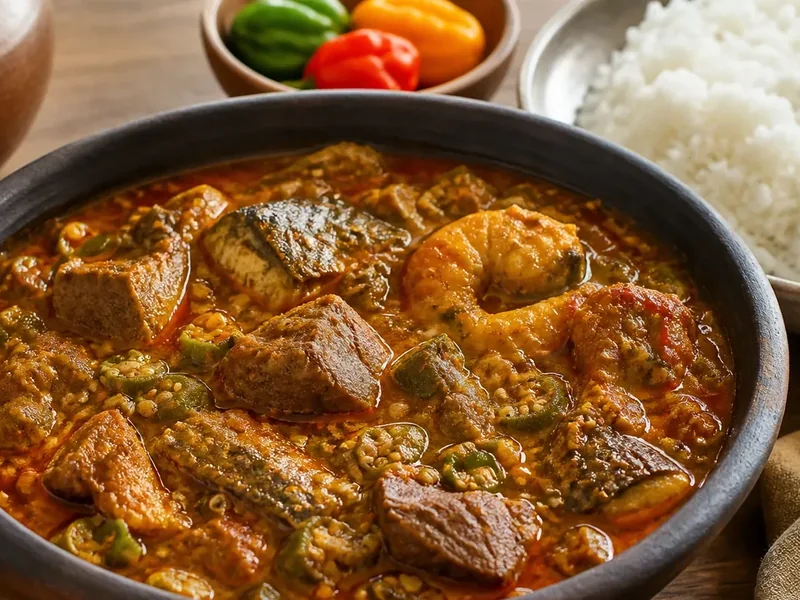 Сенегальское супу канджа с бамией, мясом и рыбой
