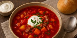 Ставропольский борщ — это яркое, ароматное и особенно насыщенное блюдо, которое отличается от классического украинского борща более густой консистенцией, мягким вкусом и акцентом на свежих овощах. В Ставрополье борщ варят на говяжьем или курином бульоне, добавляют много сладкой моркови, свежей капусты и зелени, а томаты используют как в свежем виде, так и в виде пасты. В результате получается борщ с лёгкой сладостью, насыщенным цветом и очень домашним вкусом. Главный секрет ставропольского борща — овощи нарезают крупнее, чем в классическом варианте, а пассеровку делают мягкой и сладковатой, чтобы она не доминировала над вкусом бульона. Блюдо получается густым, сытным и ароматным, но при этом лёгким для восприятия. Ингредиенты (на 6 порций) Для бульона: Говядина на кости — 600–700 г Вода — 2,5–3 л Лавровый лист — 1–2 шт. Перец горошком — 6 шт. Соль — по вкусу Овощи: Свёкла — 1–2 шт. Картофель — 4 шт. Морковь — 1–2 шт. Лук — 1 шт. Капуста белокочанная — 200–250 г Помидоры — 2 шт. или 2 ст. л. томатной пасты Чеснок — 2–3 зубчика Сахар — 0,5 ч. л. Растительное масло — для пассеровки Зелень — укроп, петрушка Приготовление Бульон. Промойте говядину, залейте холодной водой и варите на слабом огне около 1,5 часов. Добавьте лавровый лист, перец и соль. Готовый бульон процедите, мясо отделите от кости и нарежьте кусочками. Свекольная пассеровка. Свёклу натрите или нарежьте соломкой, морковь — крупной стружкой, лук измельчите. Обжарьте овощи на масле, добавьте томаты или пасту, щепотку сахара и немного бульона. Тушите 10 минут. Сборка борща. В кипящий бульон добавьте нарезанный картофель и капусту. Через 10 минут добавьте свекольную заправку. Варите ещё 10–15 минут. Финальный акцент. Добавьте чеснок, нарезанное мясо и зелень. Дайте борщу настояться под крышкой 15 минут. Подача Подавайте ставропольский борщ со сметаной, свежим хлебом или чесночными гренками. Его вкус — это сочетание домашнего уюта, южного тепла и богатого овощного аромата, характерного для ставропольской кухни.