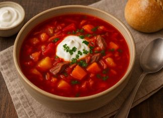 Ставропольский борщ — это яркое, ароматное и особенно насыщенное блюдо, которое отличается от классического украинского борща более густой консистенцией, мягким вкусом и акцентом на свежих овощах. В Ставрополье борщ варят на говяжьем или курином бульоне, добавляют много сладкой моркови, свежей капусты и зелени, а томаты используют как в свежем виде, так и в виде пасты. В результате получается борщ с лёгкой сладостью, насыщенным цветом и очень домашним вкусом. Главный секрет ставропольского борща — овощи нарезают крупнее, чем в классическом варианте, а пассеровку делают мягкой и сладковатой, чтобы она не доминировала над вкусом бульона. Блюдо получается густым, сытным и ароматным, но при этом лёгким для восприятия. Ингредиенты (на 6 порций) Для бульона: Говядина на кости — 600–700 г Вода — 2,5–3 л Лавровый лист — 1–2 шт. Перец горошком — 6 шт. Соль — по вкусу Овощи: Свёкла — 1–2 шт. Картофель — 4 шт. Морковь — 1–2 шт. Лук — 1 шт. Капуста белокочанная — 200–250 г Помидоры — 2 шт. или 2 ст. л. томатной пасты Чеснок — 2–3 зубчика Сахар — 0,5 ч. л. Растительное масло — для пассеровки Зелень — укроп, петрушка Приготовление Бульон. Промойте говядину, залейте холодной водой и варите на слабом огне около 1,5 часов. Добавьте лавровый лист, перец и соль. Готовый бульон процедите, мясо отделите от кости и нарежьте кусочками. Свекольная пассеровка. Свёклу натрите или нарежьте соломкой, морковь — крупной стружкой, лук измельчите. Обжарьте овощи на масле, добавьте томаты или пасту, щепотку сахара и немного бульона. Тушите 10 минут. Сборка борща. В кипящий бульон добавьте нарезанный картофель и капусту. Через 10 минут добавьте свекольную заправку. Варите ещё 10–15 минут. Финальный акцент. Добавьте чеснок, нарезанное мясо и зелень. Дайте борщу настояться под крышкой 15 минут. Подача Подавайте ставропольский борщ со сметаной, свежим хлебом или чесночными гренками. Его вкус — это сочетание домашнего уюта, южного тепла и богатого овощного аромата, характерного для ставропольской кухни.