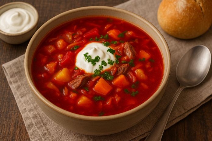 Борщ ставропольский в домашних условиях Ставропольский борщ — это яркое, ароматное и особенно насыщенное блюдо, которое отличается от классического украинского борща более густой консистенцией, мягким вкусом и акцентом на свежих овощах. В Ставрополье борщ варят на говяжьем или курином бульоне, добавляют много сладкой моркови, свежей капусты и зелени, а томаты используют как в свежем виде, так и в виде пасты. В результате получается борщ с лёгкой сладостью, насыщенным цветом и очень домашним вкусом. Главный секрет ставропольского борща — овощи нарезают крупнее, чем в классическом варианте, а пассеровку делают мягкой и сладковатой, чтобы она не доминировала над вкусом бульона. Блюдо получается густым, сытным и ароматным, но при этом лёгким для восприятия. Ингредиенты (на 6 порций) Для бульона: Говядина на кости — 600–700 г Вода — 2,5–3 л Лавровый лист — 1–2 шт. Перец горошком — 6 шт. Соль — по вкусу Овощи: Свёкла — 1–2 шт. Картофель — 4 шт. Морковь — 1–2 шт. Лук — 1 шт. Капуста белокочанная — 200–250 г Помидоры — 2 шт. или 2 ст. л. томатной пасты Чеснок — 2–3 зубчика Сахар — 0,5 ч. л. Растительное масло — для пассеровки Зелень — укроп, петрушка Приготовление Бульон. Промойте говядину, залейте холодной водой и варите на слабом огне около 1,5 часов. Добавьте лавровый лист, перец и соль. Готовый бульон процедите, мясо отделите от кости и нарежьте кусочками. Свекольная пассеровка. Свёклу натрите или нарежьте соломкой, морковь — крупной стружкой, лук измельчите. Обжарьте овощи на масле, добавьте томаты или пасту, щепотку сахара и немного бульона. Тушите 10 минут. Сборка борща. В кипящий бульон добавьте нарезанный картофель и капусту. Через 10 минут добавьте свекольную заправку. Варите ещё 10–15 минут. Финальный акцент. Добавьте чеснок, нарезанное мясо и зелень. Дайте борщу настояться под крышкой 15 минут. Подача Подавайте ставропольский борщ со сметаной, свежим хлебом или чесночными гренками. Его вкус — это сочетание домашнего уюта, южного тепла и богатого овощного аромата, характерного для ставропольской кухни.