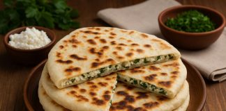 Чепалгаш — одно из самых известных и любимых блюд чеченской кухни. Это тонкие, мягкие лепёшки с начинкой, которые жарят на сухой сковороде или в печи, а затем щедро смазывают сливочным маслом. Самая популярная начинка — творог с зеленью. Такое блюдо готовят к завтраку, на праздники и просто, когда хочется домашнего уюта. Чепалгаш похож на осетинские пироги, но имеет свой особый вкус — лёгкий, молочный, с ароматом свежей зелени и мягкой кислинкой творога. Ингредиенты (на 4 лепёшки): Для теста: Кефир или простокваша — 250 мл Мука — около 400–450 г Сода — ½ ч. л. Соль — ½ ч. л. Растительное масло — 1 ст. л. Для начинки: Творог — 300 г (лучше домашний или зернистый) Зелень (укроп, зелёный лук, кинза, шпинат) — 1 пучок Соль — по вкусу По желанию: немного сливочного масла или натёртого сыра для нежности Для смазывания: Сливочное масло — 40–50 г Приготовление Тесто. В глубокой миске смешайте кефир, соль и соду. Постепенно добавляйте муку, замешивая мягкое тесто. Оно не должно липнуть к рукам. Накройте полотенцем и оставьте на 15–20 минут. Начинка. Мелко нарежьте зелень, соедините с творогом, посолите и хорошо перемешайте. Если творог сухой, добавьте ложку сметаны или немного сливочного масла. Формирование. Разделите тесто на 4 части. Каждую раскатайте в лепёшку толщиной около 3 мм. В центр выложите начинку, соберите края «мешочком» и аккуратно раскатайте снова в круг диаметром 20–22 см. Жарка. Разогрейте сухую сковороду и обжаривайте чепалгаш с двух сторон до золотистой корочки. После жарки сразу смажьте сливочным маслом. Подача Подавайте горячими, разрезав на секторы. Идеально сочетается с айраном, мацони или горячим чаем. Тёплый чепалгаш — это вкус детства и уют чеченского дома: мягкий, с ароматом свежей зелени и домашнего тепла.