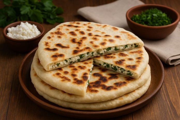 Чепалгаш с творогом и зеленью в домашних условиях Чепалгаш — одно из самых известных и любимых блюд чеченской кухни. Это тонкие, мягкие лепёшки с начинкой, которые жарят на сухой сковороде или в печи, а затем щедро смазывают сливочным маслом. Самая популярная начинка — творог с зеленью. Такое блюдо готовят к завтраку, на праздники и просто, когда хочется домашнего уюта. Чепалгаш похож на осетинские пироги, но имеет свой особый вкус — лёгкий, молочный, с ароматом свежей зелени и мягкой кислинкой творога. Ингредиенты (на 4 лепёшки): Для теста: Кефир или простокваша — 250 мл Мука — около 400–450 г Сода — ½ ч. л. Соль — ½ ч. л. Растительное масло — 1 ст. л. Для начинки: Творог — 300 г (лучше домашний или зернистый) Зелень (укроп, зелёный лук, кинза, шпинат) — 1 пучок Соль — по вкусу По желанию: немного сливочного масла или натёртого сыра для нежности Для смазывания: Сливочное масло — 40–50 г Приготовление Тесто. В глубокой миске смешайте кефир, соль и соду. Постепенно добавляйте муку, замешивая мягкое тесто. Оно не должно липнуть к рукам. Накройте полотенцем и оставьте на 15–20 минут. Начинка. Мелко нарежьте зелень, соедините с творогом, посолите и хорошо перемешайте. Если творог сухой, добавьте ложку сметаны или немного сливочного масла. Формирование. Разделите тесто на 4 части. Каждую раскатайте в лепёшку толщиной около 3 мм. В центр выложите начинку, соберите края «мешочком» и аккуратно раскатайте снова в круг диаметром 20–22 см. Жарка. Разогрейте сухую сковороду и обжаривайте чепалгаш с двух сторон до золотистой корочки. После жарки сразу смажьте сливочным маслом. Подача Подавайте горячими, разрезав на секторы. Идеально сочетается с айраном, мацони или горячим чаем. Тёплый чепалгаш — это вкус детства и уют чеченского дома: мягкий, с ароматом свежей зелени и домашнего тепла.