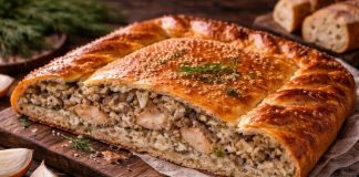 Байкальская кухня традиционно богата блюдами из рыбы. Для пирогов чаще всего используют омуль, хариус или другую речную рыбу с плотным белым мясом. Такой пирог получается сытным, ароматным и хорошо подходит как для семейного ужина, так и для праздничного стола. Ингредиенты Для теста: 500 г пшеничной муки 250 мл тёплой воды или молока 1 яйцо 1 ч. л. соли 1 ч. л. сахара 7 г сухих дрожжей 2 ст. л. растительного масла Для начинки: 500–600 г филе рыбы 150 г риса 1–2 луковицы соль, чёрный перец по вкусу небольшой пучок укропа 30 г сливочного масла Приготовление В тёплой жидкости растворите сахар и дрожжи, дайте постоять 10 минут. Добавьте яйцо, соль, масло и постепенно вмешайте муку. Замесите мягкое тесто и оставьте его в тёплом месте на 1–1,5 часа. Рис отварите до полуготовности и остудите. Рыбу нарежьте небольшими кусочками, лук мелко нашинкуйте, укроп измельчите. Смешайте всё с рисом, посолите и поперчите. Тесто разделите на две части. Раскатайте нижний пласт, выложите на противень, сверху распределите начинку, добавьте кусочки сливочного масла. Накройте вторым пластом теста, защипните края, сделайте небольшие отверстия для выхода пара. Выпекайте при 180 °C около 35–45 минут до румяной корочки. Готовый пирог подают тёплым. Он хорошо сочетается с чаем, бульоном или лёгким овощным салатом.