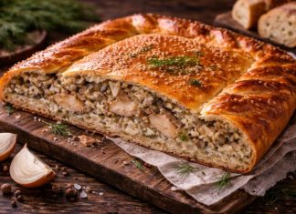 Байкальская кухня традиционно богата блюдами из рыбы. Для пирогов чаще всего используют омуль, хариус или другую речную рыбу с плотным белым мясом. Такой пирог получается сытным, ароматным и хорошо подходит как для семейного ужина, так и для праздничного стола. Ингредиенты Для теста: 500 г пшеничной муки 250 мл тёплой воды или молока 1 яйцо 1 ч. л. соли 1 ч. л. сахара 7 г сухих дрожжей 2 ст. л. растительного масла Для начинки: 500–600 г филе рыбы 150 г риса 1–2 луковицы соль, чёрный перец по вкусу небольшой пучок укропа 30 г сливочного масла Приготовление В тёплой жидкости растворите сахар и дрожжи, дайте постоять 10 минут. Добавьте яйцо, соль, масло и постепенно вмешайте муку. Замесите мягкое тесто и оставьте его в тёплом месте на 1–1,5 часа. Рис отварите до полуготовности и остудите. Рыбу нарежьте небольшими кусочками, лук мелко нашинкуйте, укроп измельчите. Смешайте всё с рисом, посолите и поперчите. Тесто разделите на две части. Раскатайте нижний пласт, выложите на противень, сверху распределите начинку, добавьте кусочки сливочного масла. Накройте вторым пластом теста, защипните края, сделайте небольшие отверстия для выхода пара. Выпекайте при 180 °C около 35–45 минут до румяной корочки. Готовый пирог подают тёплым. Он хорошо сочетается с чаем, бульоном или лёгким овощным салатом.