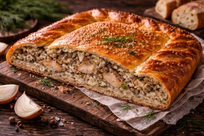 Пирог с рыбой и рисом по-байкальски в духовке (Иркутская область) Байкальская кухня традиционно богата блюдами из рыбы. Для пирогов чаще всего используют омуль, хариус или другую речную рыбу с плотным белым мясом. Такой пирог получается сытным, ароматным и хорошо подходит как для семейного ужина, так и для праздничного стола. Ингредиенты Для теста: 500 г пшеничной муки 250 мл тёплой воды или молока 1 яйцо 1 ч. л. соли 1 ч. л. сахара 7 г сухих дрожжей 2 ст. л. растительного масла Для начинки: 500–600 г филе рыбы 150 г риса 1–2 луковицы соль, чёрный перец по вкусу небольшой пучок укропа 30 г сливочного масла Приготовление В тёплой жидкости растворите сахар и дрожжи, дайте постоять 10 минут. Добавьте яйцо, соль, масло и постепенно вмешайте муку. Замесите мягкое тесто и оставьте его в тёплом месте на 1–1,5 часа. Рис отварите до полуготовности и остудите. Рыбу нарежьте небольшими кусочками, лук мелко нашинкуйте, укроп измельчите. Смешайте всё с рисом, посолите и поперчите. Тесто разделите на две части. Раскатайте нижний пласт, выложите на противень, сверху распределите начинку, добавьте кусочки сливочного масла. Накройте вторым пластом теста, защипните края, сделайте небольшие отверстия для выхода пара. Выпекайте при 180 °C около 35–45 минут до румяной корочки. Готовый пирог подают тёплым. Он хорошо сочетается с чаем, бульоном или лёгким овощным салатом.