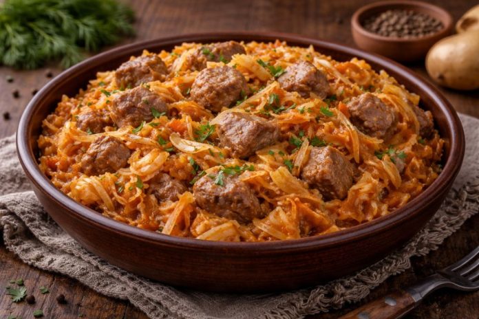 Тушёная капуста с мясом по-амурски в домашних условиях