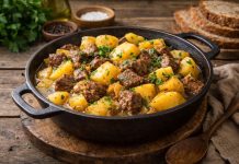 Тушёная говядина с картофелем — классическое сытное блюдо, характерное для домашней кухни Дальнего Востока. В Еврейской автономной области его готовят просто, без сложных соусов, делая акцент на натуральном вкусе мяса и овощей. Долгое томление позволяет говядине стать мягкой, а картофелю — впитать насыщенный мясной бульон. Ингредиенты — Говядина (лопатка или шея) — 700 г — Картофель — 800 г — Лук — 2 шт. — Морковь — 1 шт. — Чеснок — 2–3 зубчика — Растительное масло — 2–3 ст. л. — Лавровый лист — 2 шт. — Соль, чёрный перец — по вкусу — Вода или бульон — 400–500 мл — Зелень (по желанию) Приготовление Говядину нарезают крупными кусками, примерно 3–4 см. В глубокой сковороде или казане разогревают масло и обжаривают мясо на сильном огне до румяной корочки. Это важно — именно обжарка даёт насыщенный вкус будущему блюду. Лук нарезают полукольцами, морковь — кружочками или брусочками. Добавляют овощи к мясу и обжаривают вместе 5–7 минут до мягкости. Затем кладут измельчённый чеснок и перемешивают. После этого вливают воду или бульон так, чтобы жидкость почти покрывала мясо. Добавляют лавровый лист, соль и перец. Уменьшают огонь до слабого, накрывают крышкой и тушат около 50–60 минут, пока говядина не станет мягкой. Картофель очищают и режут крупными кусками. Добавляют его в казан, при необходимости доливают немного воды. Тушат ещё 25–30 минут до готовности картофеля. Важно не мешать слишком часто, чтобы куски сохранили форму. В конце проверяют соль, при необходимости корректируют вкус и дают блюду настояться под крышкой 10–15 минут. Подача Подают горячим, посыпав свежей зеленью. Блюдо получается густым, с насыщенным бульоном, поэтому не требует дополнительных гарниров. Хорошо сочетается с чёрным хлебом или домашними лепёшками. На следующий день вкус становится ещё более глубоким, так как мясо и картофель полностью пропитываются соками.