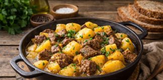 Тушёная говядина с картофелем — классическое сытное блюдо, характерное для домашней кухни Дальнего Востока. В Еврейской автономной области его готовят просто, без сложных соусов, делая акцент на натуральном вкусе мяса и овощей. Долгое томление позволяет говядине стать мягкой, а картофелю — впитать насыщенный мясной бульон. Ингредиенты — Говядина (лопатка или шея) — 700 г — Картофель — 800 г — Лук — 2 шт. — Морковь — 1 шт. — Чеснок — 2–3 зубчика — Растительное масло — 2–3 ст. л. — Лавровый лист — 2 шт. — Соль, чёрный перец — по вкусу — Вода или бульон — 400–500 мл — Зелень (по желанию) Приготовление Говядину нарезают крупными кусками, примерно 3–4 см. В глубокой сковороде или казане разогревают масло и обжаривают мясо на сильном огне до румяной корочки. Это важно — именно обжарка даёт насыщенный вкус будущему блюду. Лук нарезают полукольцами, морковь — кружочками или брусочками. Добавляют овощи к мясу и обжаривают вместе 5–7 минут до мягкости. Затем кладут измельчённый чеснок и перемешивают. После этого вливают воду или бульон так, чтобы жидкость почти покрывала мясо. Добавляют лавровый лист, соль и перец. Уменьшают огонь до слабого, накрывают крышкой и тушат около 50–60 минут, пока говядина не станет мягкой. Картофель очищают и режут крупными кусками. Добавляют его в казан, при необходимости доливают немного воды. Тушат ещё 25–30 минут до готовности картофеля. Важно не мешать слишком часто, чтобы куски сохранили форму. В конце проверяют соль, при необходимости корректируют вкус и дают блюду настояться под крышкой 10–15 минут. Подача Подают горячим, посыпав свежей зеленью. Блюдо получается густым, с насыщенным бульоном, поэтому не требует дополнительных гарниров. Хорошо сочетается с чёрным хлебом или домашними лепёшками. На следующий день вкус становится ещё более глубоким, так как мясо и картофель полностью пропитываются соками.