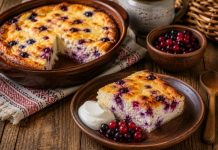 Творожная запеканка с ягодами — одно из самых уютных домашних блюд, которое часто готовят в Кировской области. Для неё используют простой творог и сезонные ягоды: смородину, бруснику, чернику или клюкву. Запеканка получается нежной, слегка сладкой и особенно хорошо подходит для семейного завтрака или вечернего чаепития. Ингредиенты: — Творог — 600 г — Яйца — 3 шт. — Сахар — 4–5 ст. л. — Сметана — 3 ст. л. — Манная крупа — 4 ст. л. — Ягоды — 150–200 г — Ванильный сахар — 1 ч. л. — Сливочное масло — для формы Приготовление: Творог переложите в большую миску и разомните вилкой или слегка пробейте блендером, чтобы масса стала более однородной. Добавьте яйца, сахар, ванильный сахар и сметану. Всё тщательно перемешайте. Затем всыпьте манную крупу и оставьте массу на 10–15 минут — за это время манка немного набухнет, и запеканка получится более нежной. Ягоды промойте и обсушите. Если используете замороженные, предварительно размораживать их не обязательно, но лишнюю влагу лучше убрать. Форму для выпечки смажьте сливочным маслом. Выложите творожную массу и аккуратно распределите сверху ягоды. Часть ягод можно слегка вмешать внутрь. Разогрейте духовку до 180 °C и выпекайте запеканку около 35–45 минут до золотистой корочки. Готовая запеканка должна слегка пружинить в центре и держать форму после остывания. Перед нарезкой дайте ей немного постоять — так текстура станет плотнее и аккуратнее. Подача: Подавайте запеканку тёплой или полностью остывшей. Она хорошо сочетается со сметаной, молоком или горячим чаем. В Кировской области такую выпечку особенно любят за простоту и домашний вкус. Сочетание творога и северных ягод делает блюдо одновременно сытным, нежным и ароматным.