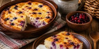 Творожная запеканка с ягодами — одно из самых уютных домашних блюд, которое часто готовят в Кировской области. Для неё используют простой творог и сезонные ягоды: смородину, бруснику, чернику или клюкву. Запеканка получается нежной, слегка сладкой и особенно хорошо подходит для семейного завтрака или вечернего чаепития. Ингредиенты: — Творог — 600 г — Яйца — 3 шт. — Сахар — 4–5 ст. л. — Сметана — 3 ст. л. — Манная крупа — 4 ст. л. — Ягоды — 150–200 г — Ванильный сахар — 1 ч. л. — Сливочное масло — для формы Приготовление: Творог переложите в большую миску и разомните вилкой или слегка пробейте блендером, чтобы масса стала более однородной. Добавьте яйца, сахар, ванильный сахар и сметану. Всё тщательно перемешайте. Затем всыпьте манную крупу и оставьте массу на 10–15 минут — за это время манка немного набухнет, и запеканка получится более нежной. Ягоды промойте и обсушите. Если используете замороженные, предварительно размораживать их не обязательно, но лишнюю влагу лучше убрать. Форму для выпечки смажьте сливочным маслом. Выложите творожную массу и аккуратно распределите сверху ягоды. Часть ягод можно слегка вмешать внутрь. Разогрейте духовку до 180 °C и выпекайте запеканку около 35–45 минут до золотистой корочки. Готовая запеканка должна слегка пружинить в центре и держать форму после остывания. Перед нарезкой дайте ей немного постоять — так текстура станет плотнее и аккуратнее. Подача: Подавайте запеканку тёплой или полностью остывшей. Она хорошо сочетается со сметаной, молоком или горячим чаем. В Кировской области такую выпечку особенно любят за простоту и домашний вкус. Сочетание творога и северных ягод делает блюдо одновременно сытным, нежным и ароматным.