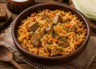 Тушёная капуста с мясом — одно из самых привычных домашних блюд в Кировской области. Его ценят за доступные продукты, насыщенный вкус и способность долго сохранять сытость. Такое блюдо часто готовят в холодное время года: капуста хорошо хранится, а медленное тушение делает мясо мягким и ароматным. Ингредиенты: — Белокочанная капуста — 700–800 г — Мясо (свинина или говядина) — 500–600 г — Лук репчатый — 2 шт. — Морковь — 1–2 шт. — Томатная паста — 1–2 ст. л. — Растительное масло — 3–4 ст. л. — Соль — по вкусу — Чёрный перец — по вкусу — Вода — 150–200 мл Приготовление: Мясо промойте, обсушите и нарежьте небольшими кусочками. На глубокой сковороде или в казане разогрейте растительное масло и обжарьте мясо до румяной корочки. Лук нарежьте полукольцами, морковь натрите или нарежьте соломкой. Добавьте овощи к мясу и готовьте ещё 5–7 минут, пока лук не станет мягким. Капусту тонко нашинкуйте. Постепенно добавляйте её в посуду с мясом, помешивая — сначала объём будет большим, но во время тушения капуста значительно уменьшится. Добавьте томатную пасту, соль, перец и немного воды. Всё аккуратно перемешайте, накройте крышкой и тушите на слабом огне около 40–50 минут. Периодически перемешивайте блюдо, чтобы капуста не пригорала. Если жидкость испаряется слишком быстро, можно добавить ещё немного воды. Готовая капуста должна стать мягкой и насыщенной по вкусу, а мясо — легко разделяться вилкой. Подача: Подавайте блюдо горячим, как самостоятельный обед или ужин. Оно хорошо сочетается с чёрным хлебом и простыми домашними соленьями. В Кировской области тушёную капусту часто готовят большими порциями: после настаивания вкус становится ещё более глубоким и насыщенным. Простое сочетание овощей и мяса делает блюдо особенно уютным и домашним.